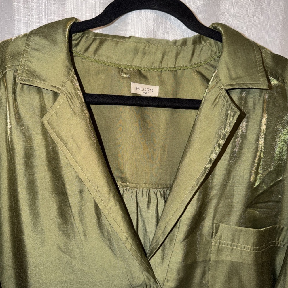 Pilcro Olive Satin V-Neck Blouse - Picture 4 of 11